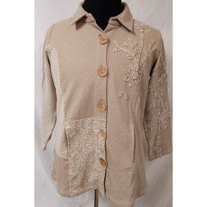 Coldwater Creek PM Beige Button Front Floral Geometric Cardigan Sweater NWOT